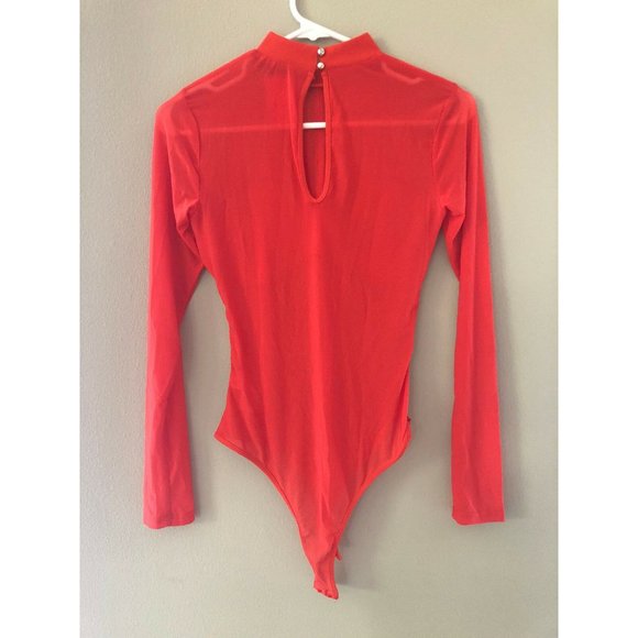 Tomato Red Sheer Mesh Strappy Caged Bodysuit Top S - Picture 2 of 2